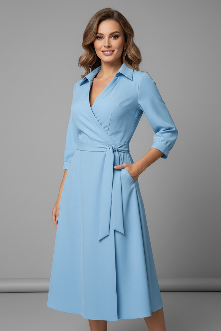 Damen Midi-Kleid mit V-Ausschnitt und Reverskragen | Langarm A-Linien Kleid mit Bindegürtel und Schlitz | Klassisches Midikleid