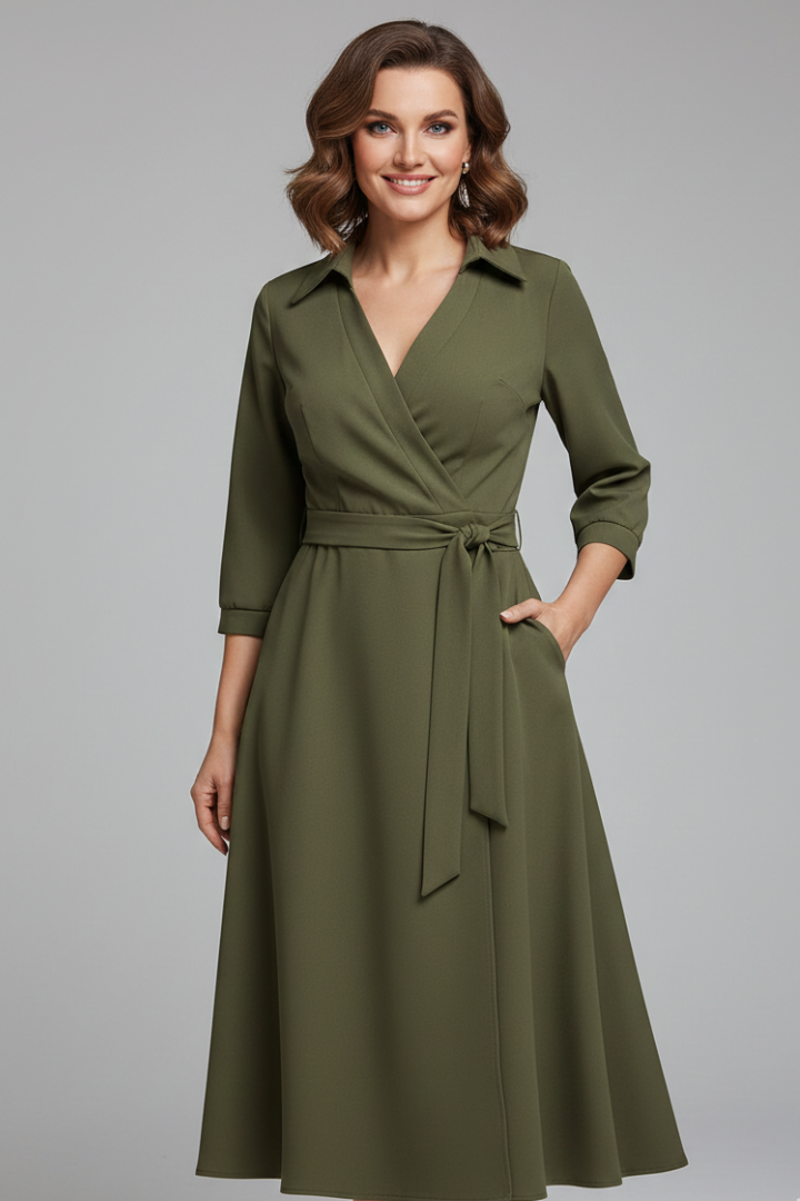 Damen Midi-Kleid mit V-Ausschnitt und Reverskragen | Langarm A-Linien Kleid mit Bindegürtel und Schlitz | Klassisches Midikleid