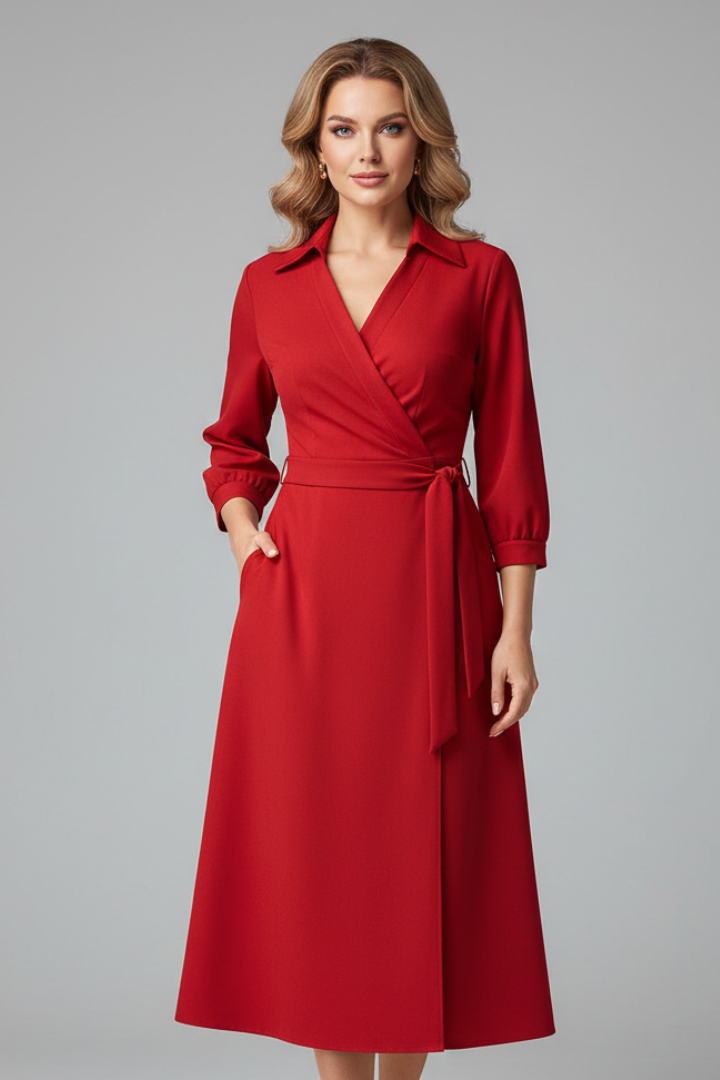 Damen Midi-Kleid mit V-Ausschnitt und Reverskragen | Langarm A-Linien Kleid mit Bindegürtel und Schlitz | Klassisches Midikleid