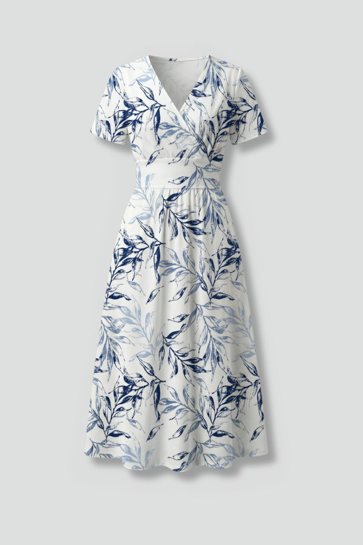 Damen Midikleid mit Blumenmuster und V-Ausschnitt | Tailliertes A-Linien Kleid mit kurzen Ärmeln in moderner Midi-Länge
