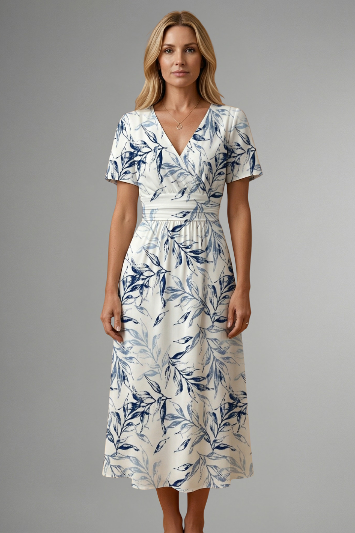 Damen Midikleid mit Blumenmuster und V-Ausschnitt | Tailliertes A-Linien Kleid mit kurzen Ärmeln in moderner Midi-Länge