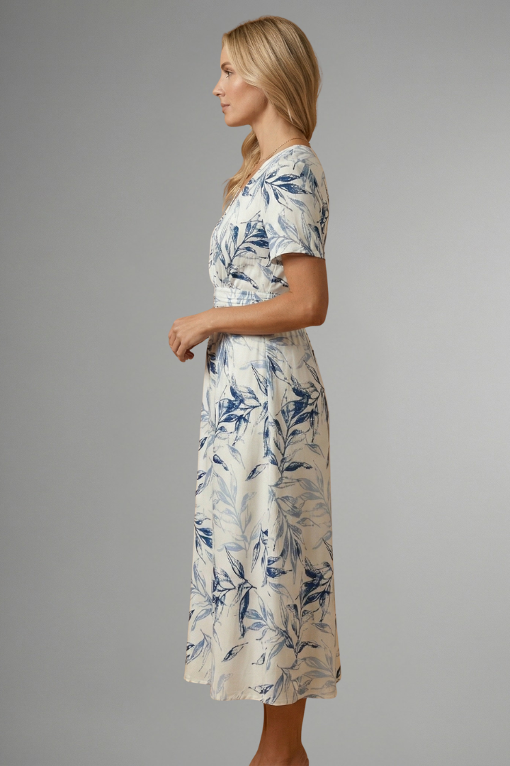 Damen Midikleid mit Blumenmuster und V-Ausschnitt | Tailliertes A-Linien Kleid mit kurzen Ärmeln in moderner Midi-Länge