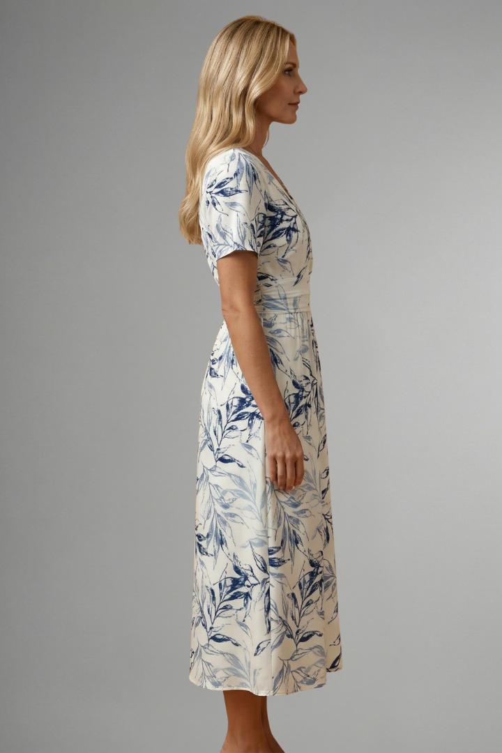 Damen Midikleid mit Blumenmuster und V-Ausschnitt | Tailliertes A-Linien Kleid mit kurzen Ärmeln in moderner Midi-Länge