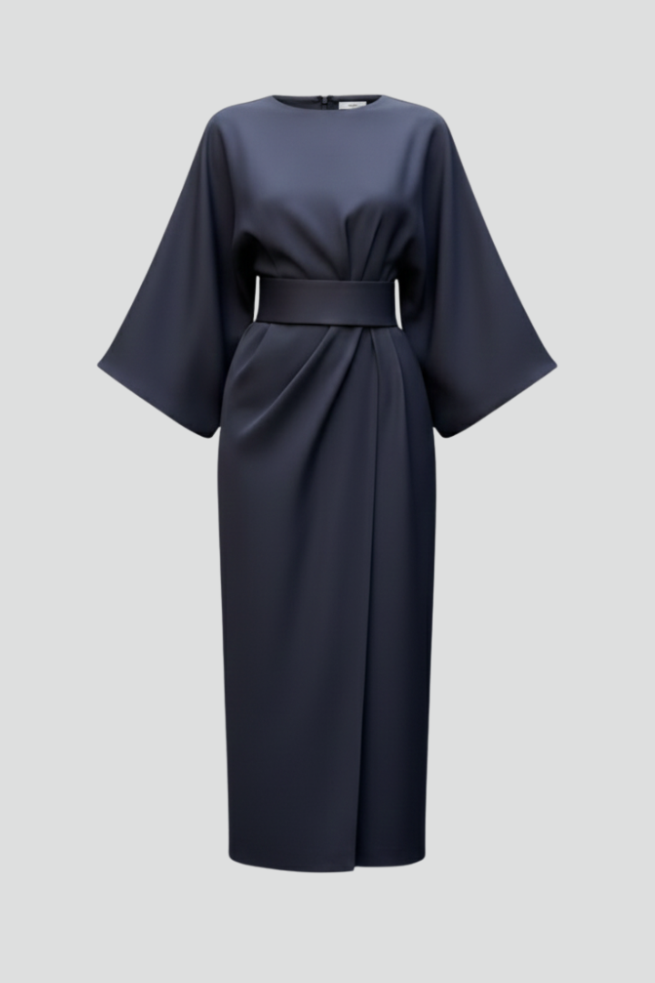 Women's Midi Dress with Waist Belt and Wide Sleeves | Calf-Length Dress with Round Neckline and Straight Cut