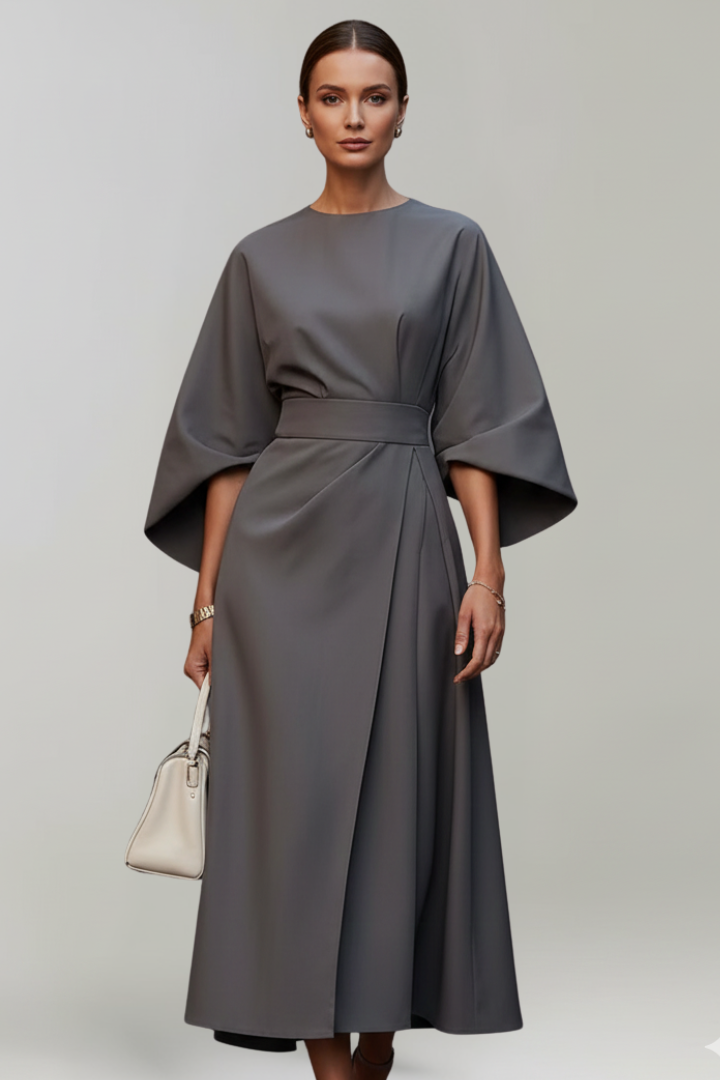Women's Midi Dress with Waist Belt and Wide Sleeves | Calf-Length Dress with Round Neckline and Straight Cut