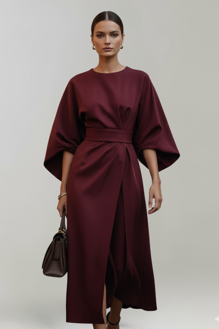 Women's Midi Dress with Waist Belt and Wide Sleeves | Calf-Length Dress with Round Neckline and Straight Cut