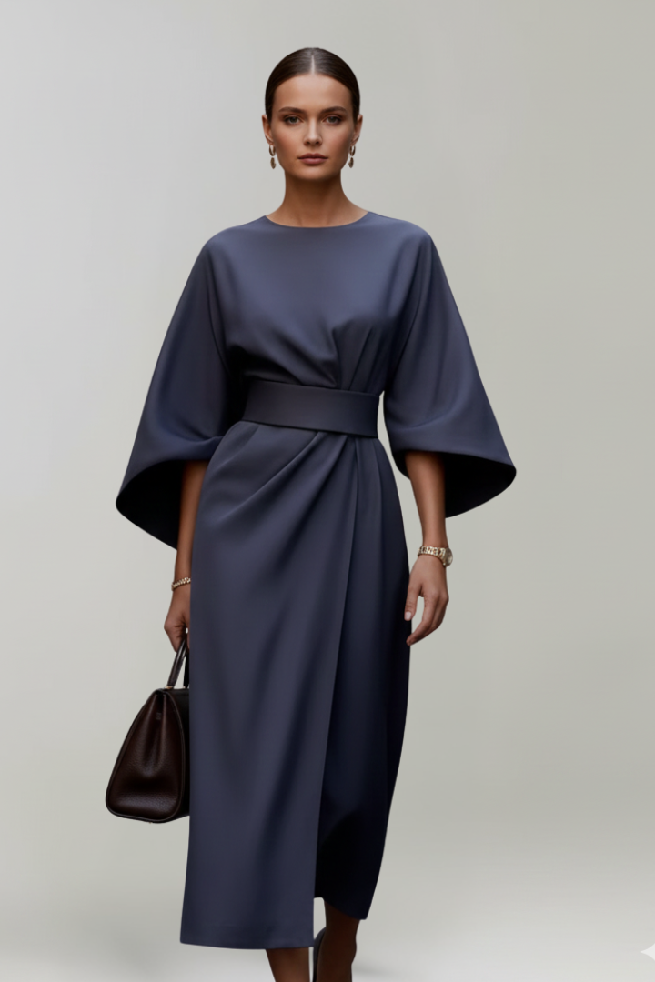 Women's Midi Dress with Waist Belt and Wide Sleeves | Calf-Length Dress with Round Neckline and Straight Cut