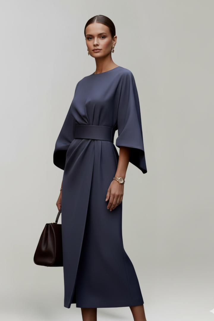 Women's Midi Dress with Waist Belt and Wide Sleeves | Calf-Length Dress with Round Neckline and Straight Cut