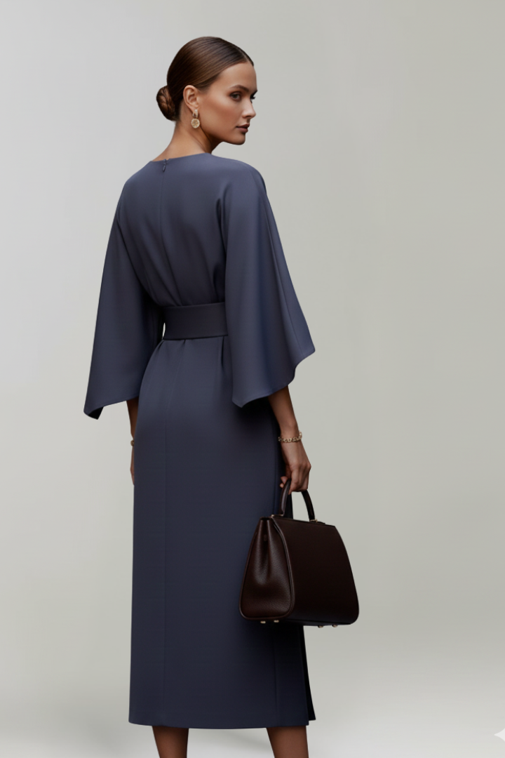 Women's Midi Dress with Waist Belt and Wide Sleeves | Calf-Length Dress with Round Neckline and Straight Cut