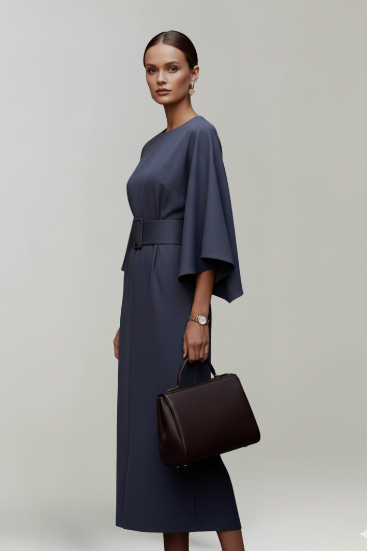 Women's Midi Dress with Waist Belt and Wide Sleeves | Calf-Length Dress with Round Neckline and Straight Cut