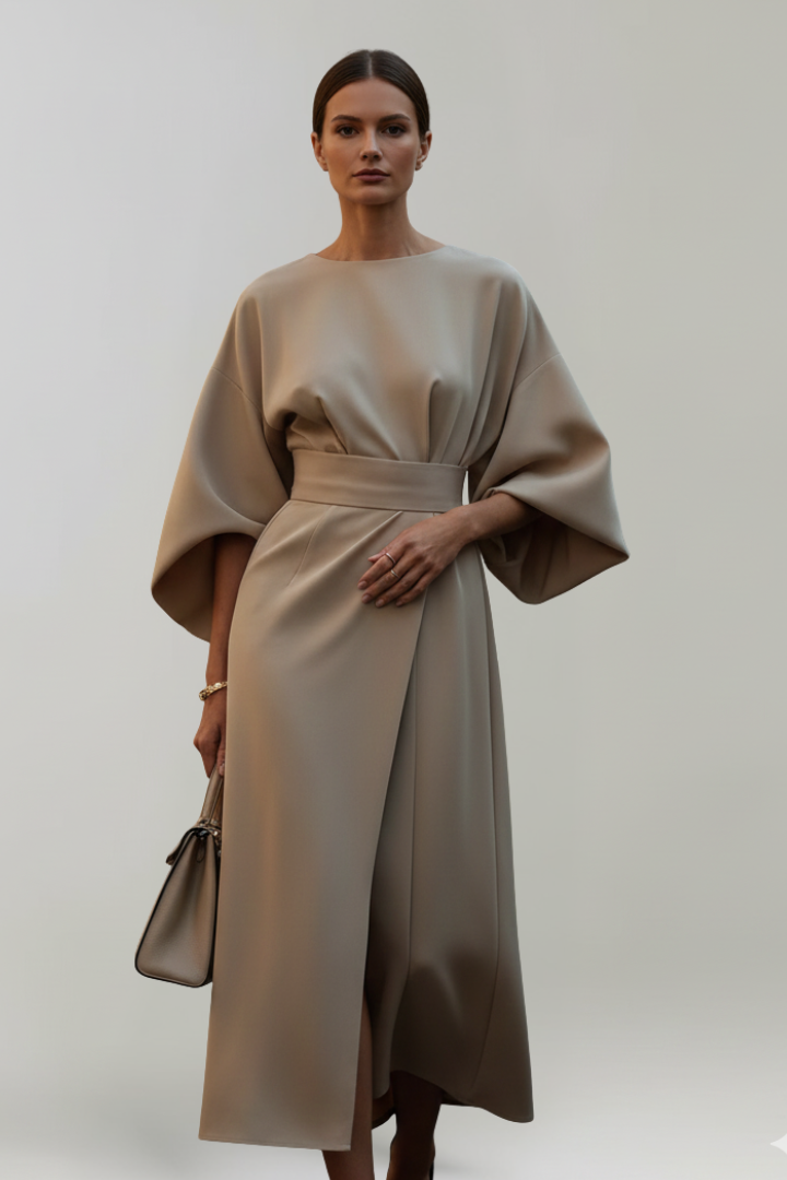 Women's Midi Dress with Waist Belt and Wide Sleeves | Calf-Length Dress with Round Neckline and Straight Cut