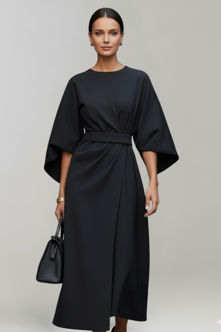 Women's Midi Dress with Waist Belt and Wide Sleeves | Calf-Length Dress with Round Neckline and Straight Cut