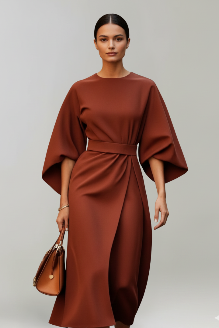 Women's Midi Dress with Waist Belt and Wide Sleeves | Calf-Length Dress with Round Neckline and Straight Cut