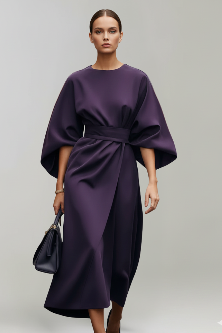 Women's Midi Dress with Waist Belt and Wide Sleeves | Calf-Length Dress with Round Neckline and Straight Cut