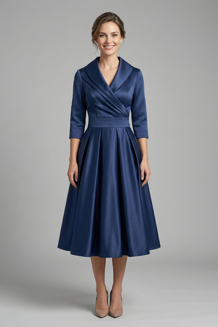 Damen Midikleid mit Wickelausschnitt und Faltenrock | Langarm Kleid mit Seitentaschen und tailliertem Schnitt für Alltag und Büro