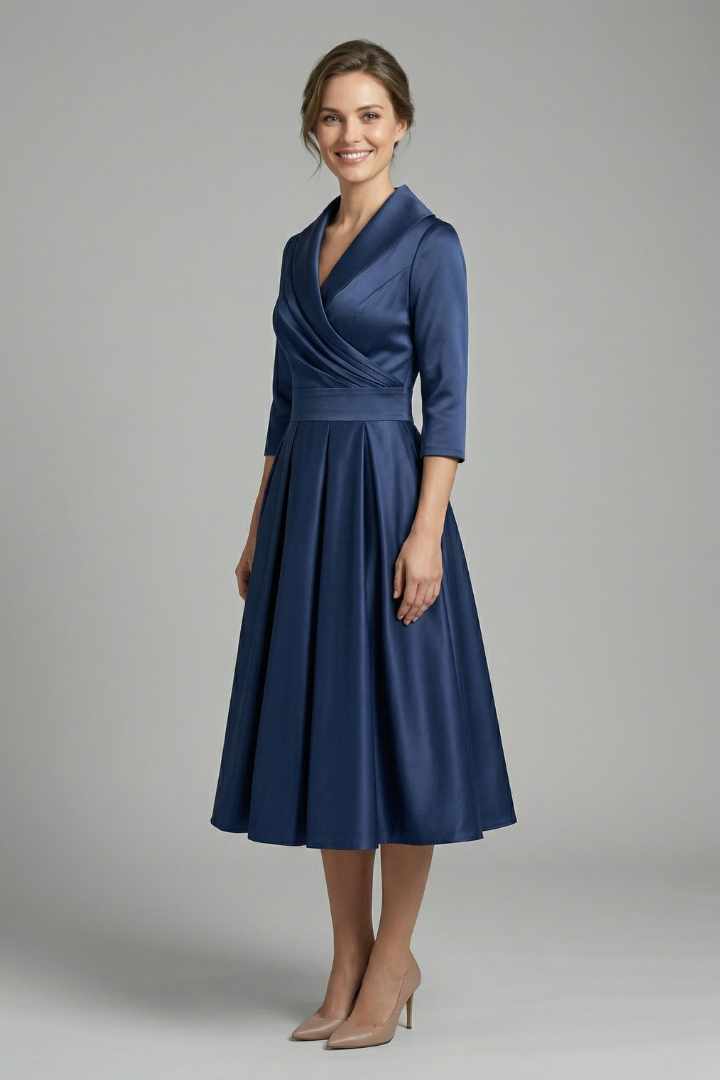 Damen Midikleid mit Wickelausschnitt und Faltenrock | Langarm Kleid mit Seitentaschen und tailliertem Schnitt für Alltag und Büro