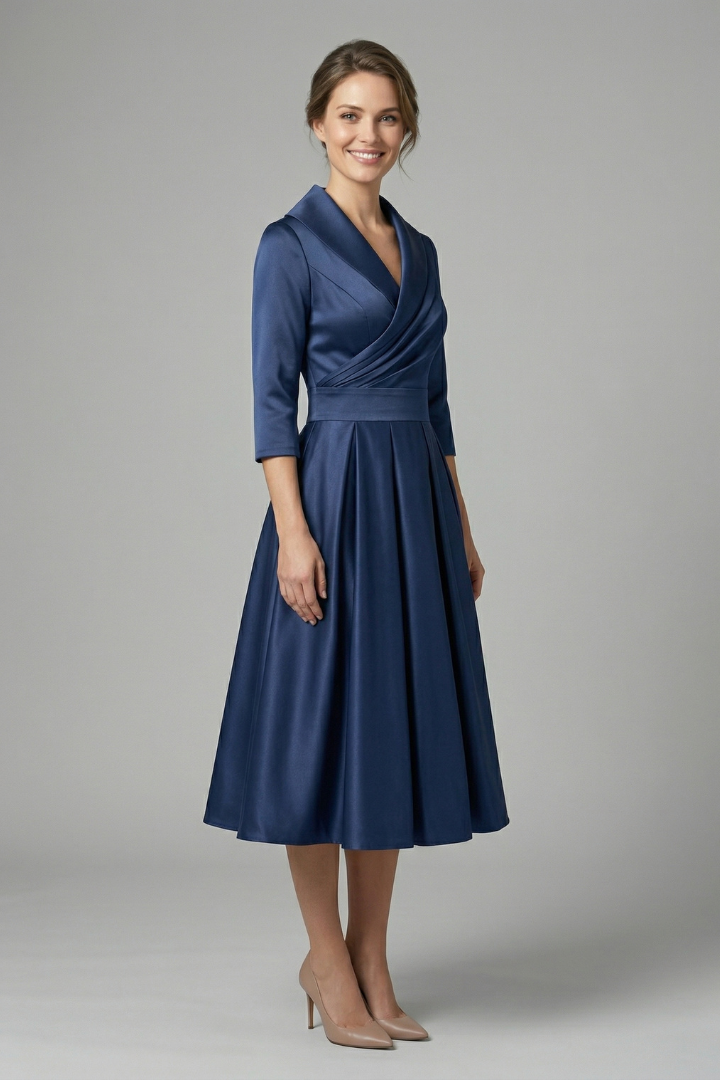 Damen Midikleid mit Wickelausschnitt und Faltenrock | Langarm Kleid mit Seitentaschen und tailliertem Schnitt für Alltag und Büro