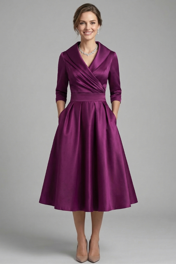 Damen Midikleid mit Wickelausschnitt und Faltenrock | Langarm Kleid mit Seitentaschen und tailliertem Schnitt für Alltag und Büro
