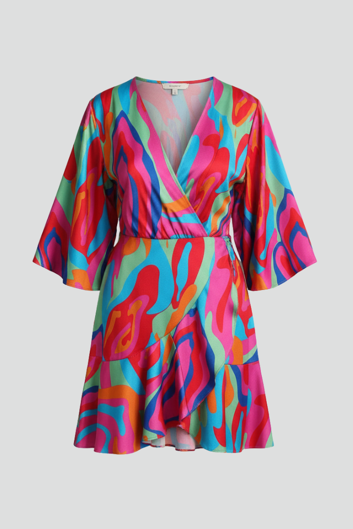 Women's Mini Dress with Batwing Sleeves and V-Neck | Short Summer Dress with Waist Tie Belt | Printed