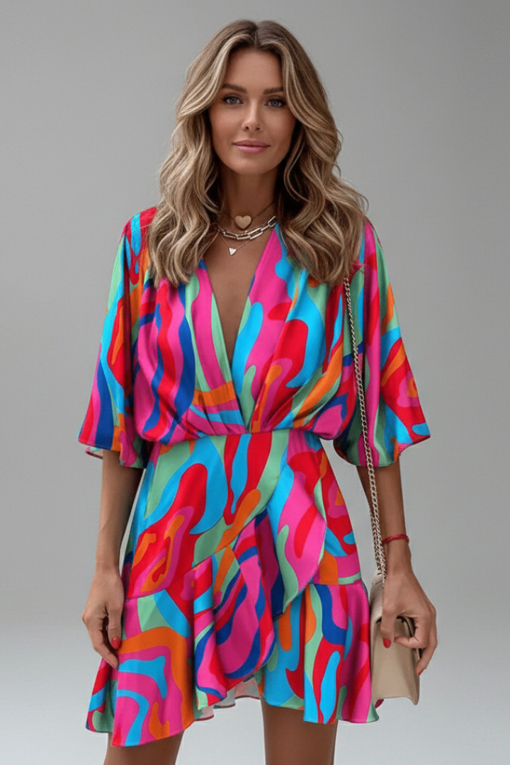 Women's Mini Dress with Batwing Sleeves and V-Neck | Short Summer Dress with Waist Tie Belt | Printed