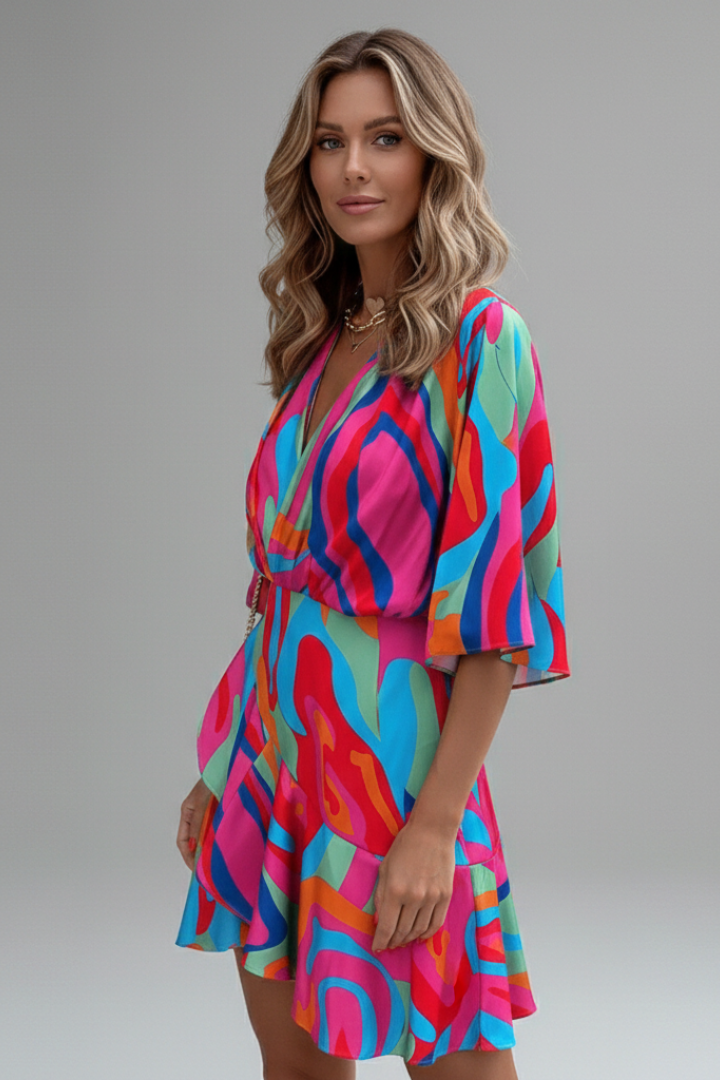 Women's Mini Dress with Batwing Sleeves and V-Neck | Short Summer Dress with Waist Tie Belt | Printed
