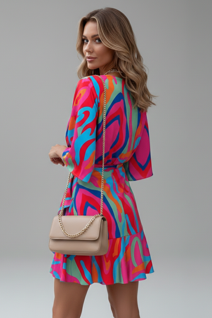 Women's Mini Dress with Batwing Sleeves and V-Neck | Short Summer Dress with Waist Tie Belt | Printed