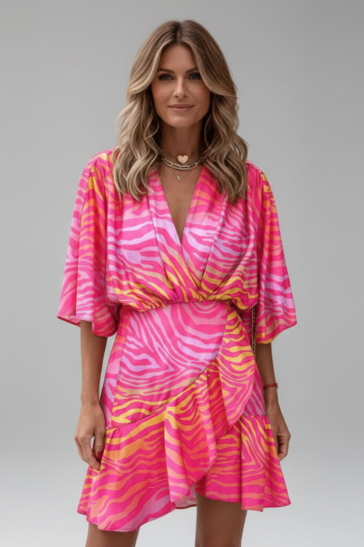 Women's Mini Dress with Batwing Sleeves and V-Neck | Short Summer Dress with Waist Tie Belt | Printed