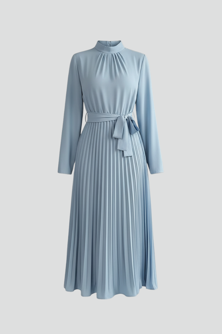 Damen-Plisseekleid mit langen Ärmeln und Taillenband