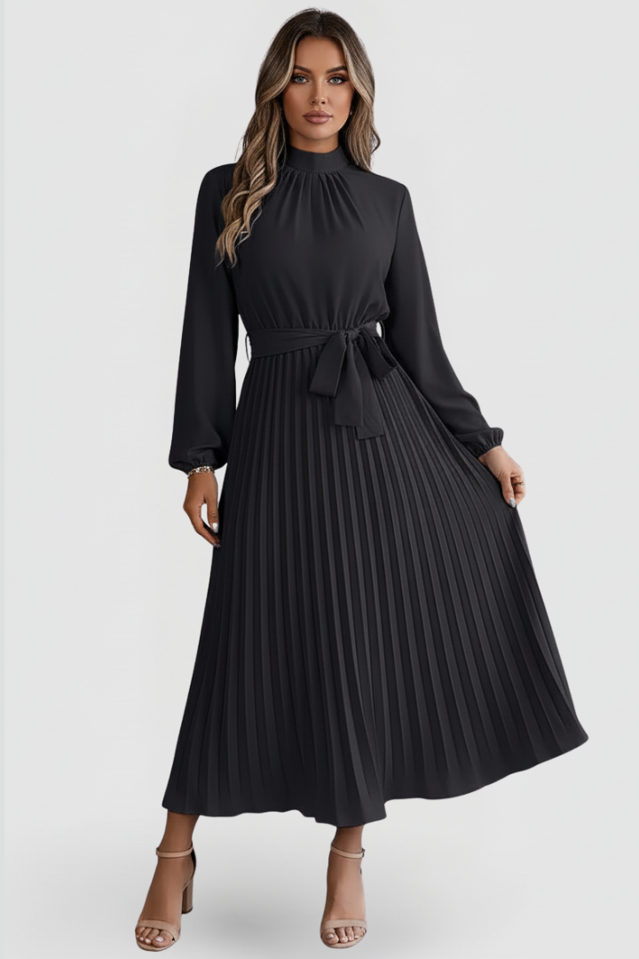 Plissee-Kleid für Damen mit Langarm und Bindegürtel | Elegantes Midikleid hochgeschlossen mit gerafftem Ausschnitt