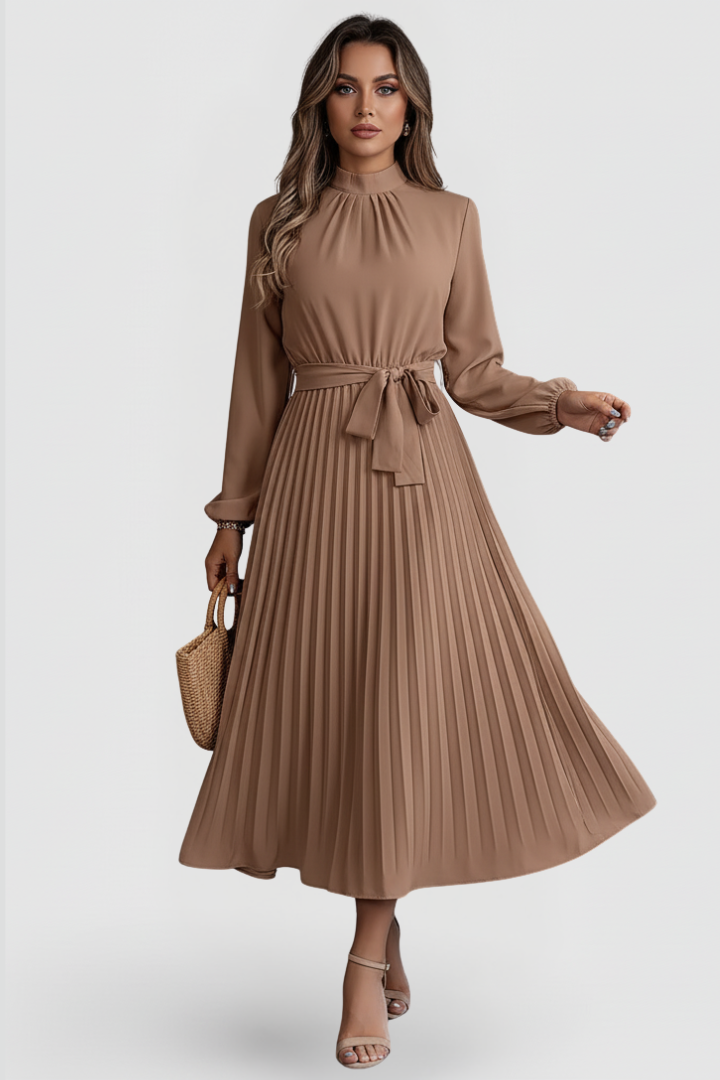 Plissee-Kleid für Damen mit Langarm und Bindegürtel | Elegantes Midikleid hochgeschlossen mit gerafftem Ausschnitt