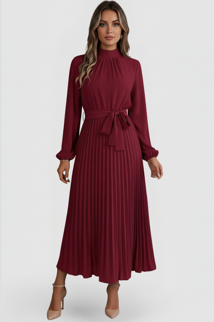 Plissee-Kleid für Damen mit Langarm und Bindegürtel | Elegantes Midikleid hochgeschlossen mit gerafftem Ausschnitt