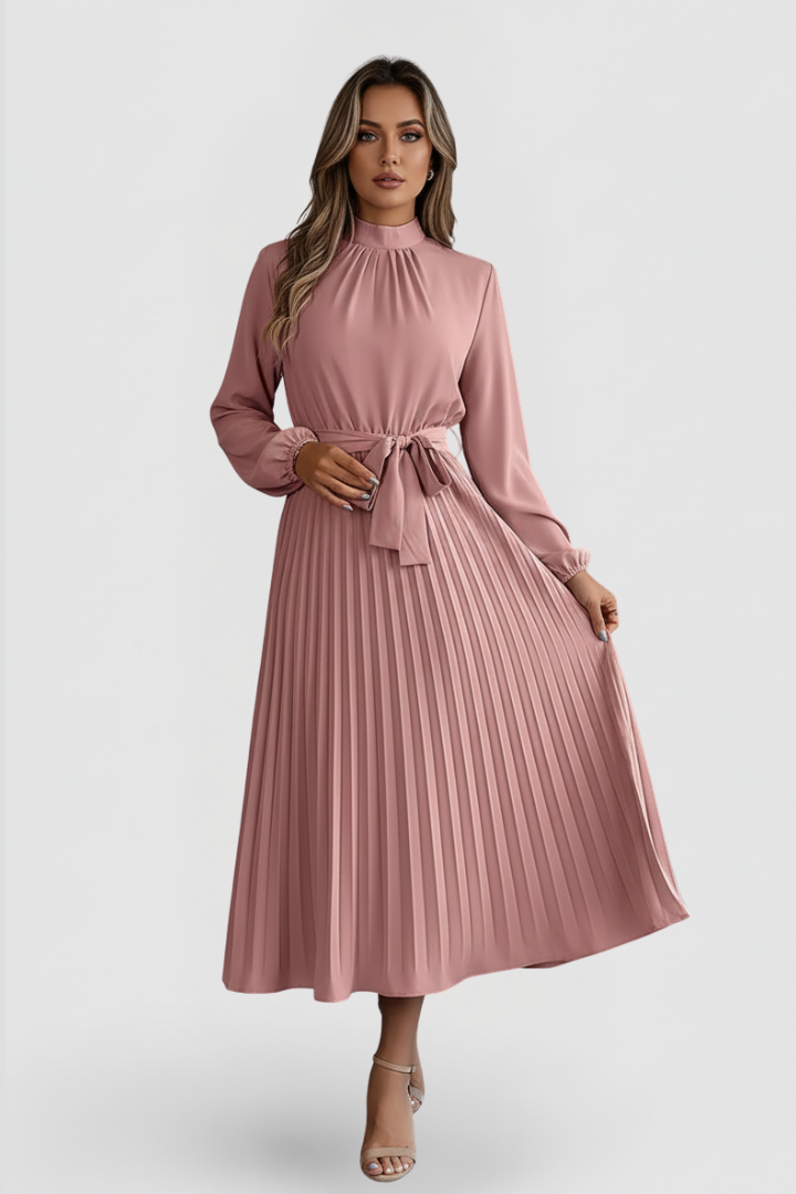 Plissee-Kleid für Damen mit Langarm und Bindegürtel | Elegantes Midikleid hochgeschlossen mit gerafftem Ausschnitt