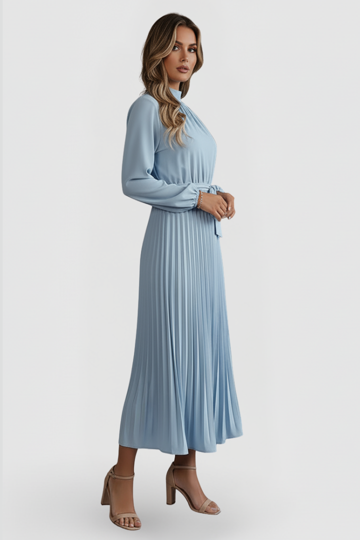 Damen-Plisseekleid mit langen Ärmeln und Taillenband
