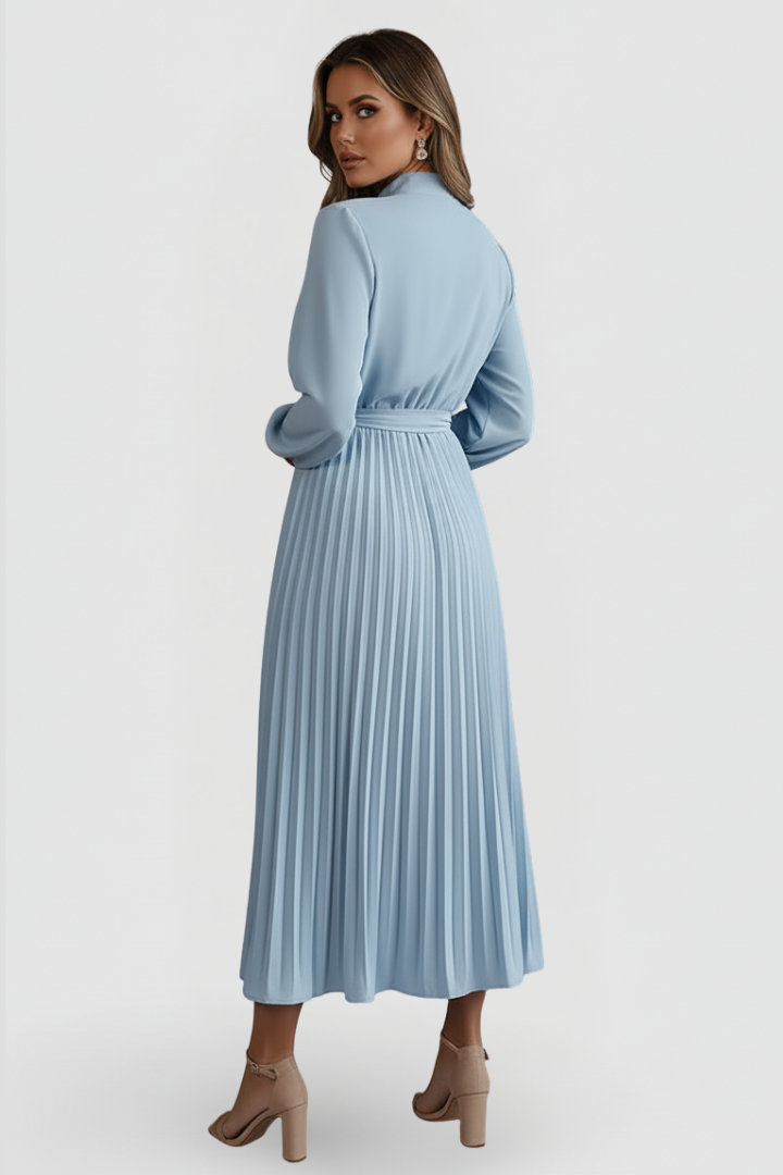 Damen-Plisseekleid mit langen Ärmeln und Taillenband