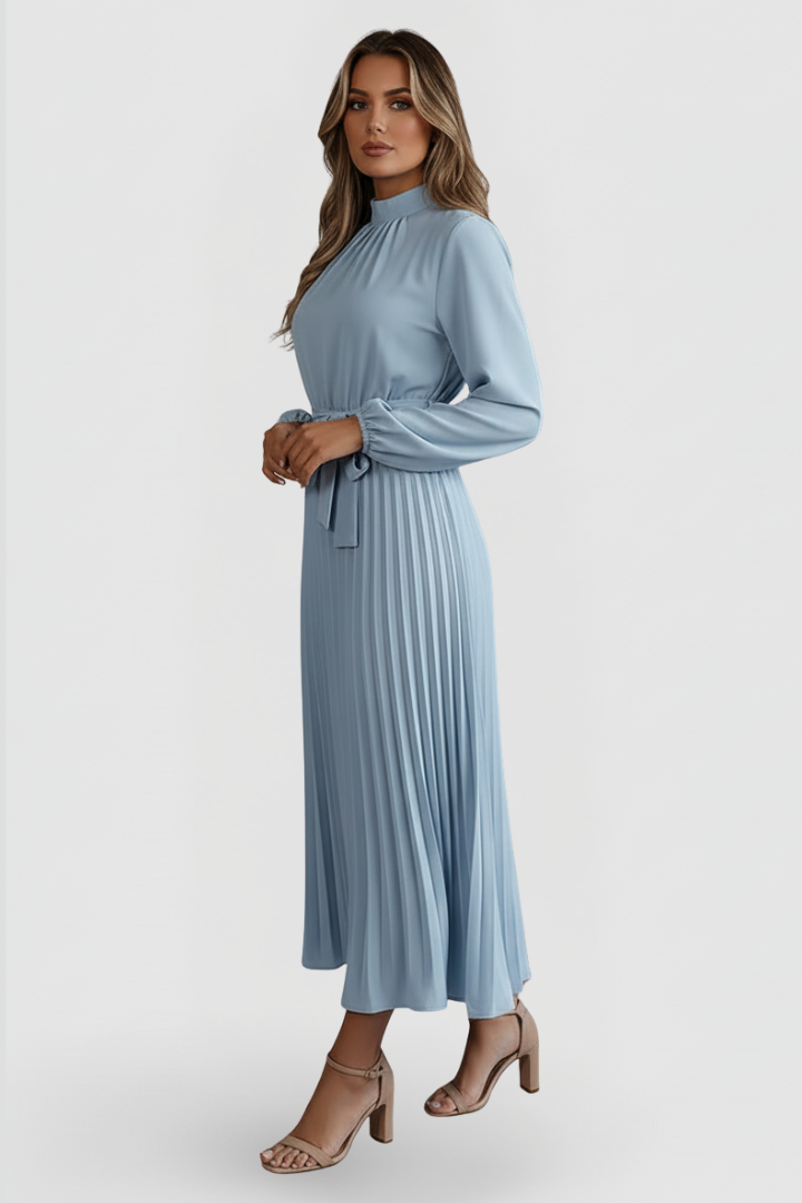 Damen-Plisseekleid mit langen Ärmeln und Taillenband