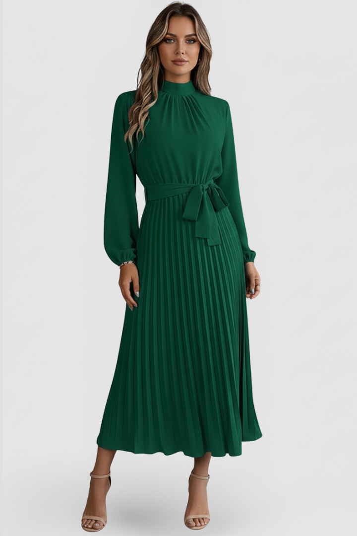 Plissee-Kleid für Damen mit Langarm und Bindegürtel | Elegantes Midikleid hochgeschlossen mit gerafftem Ausschnitt
