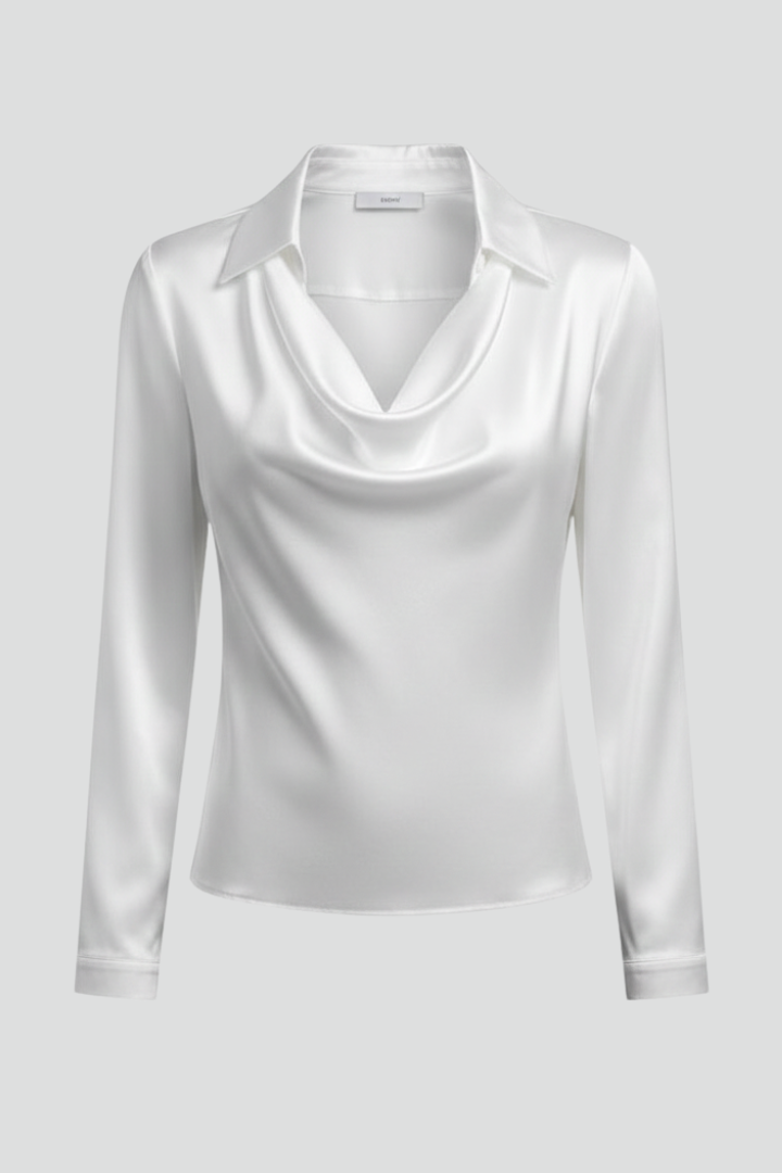 Satinbluse Damen mit Wasserfallausschnitt und Langarm | Elegante Bluse mit fließendem Fall und geradem Schnitt für das Layering