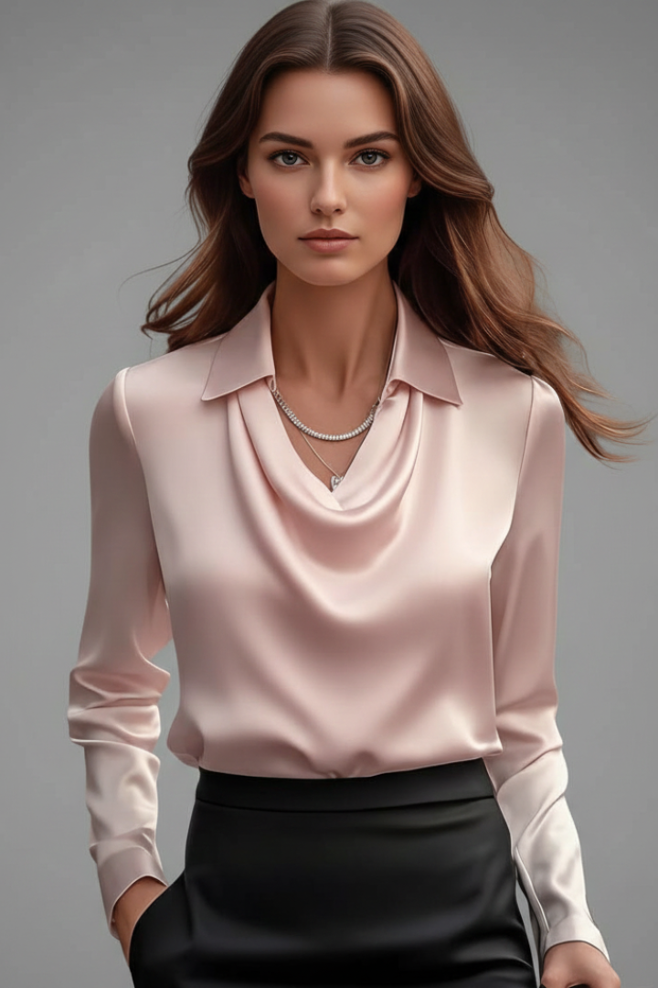 Satinbluse Damen mit Wasserfallausschnitt und Langarm | Elegante Bluse mit fließendem Fall und geradem Schnitt für das Layering