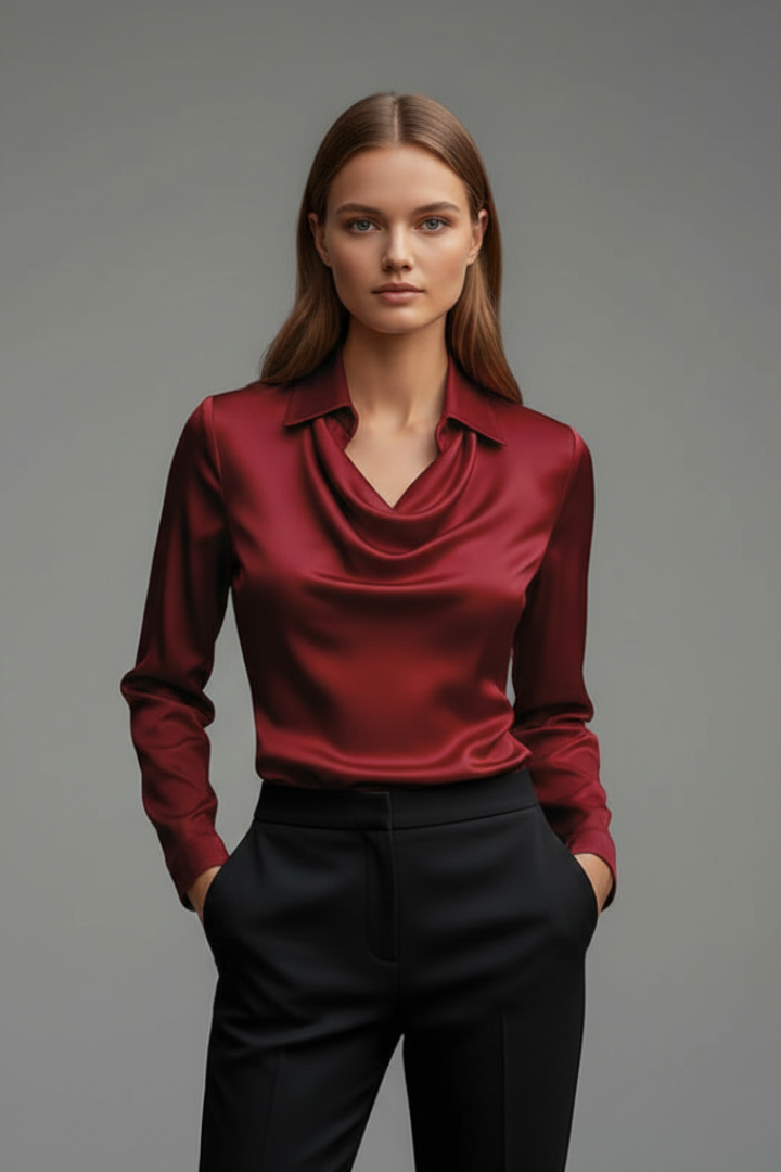 Satinbluse Damen mit Wasserfallausschnitt und Langarm | Elegante Bluse mit fließendem Fall und geradem Schnitt für das Layering