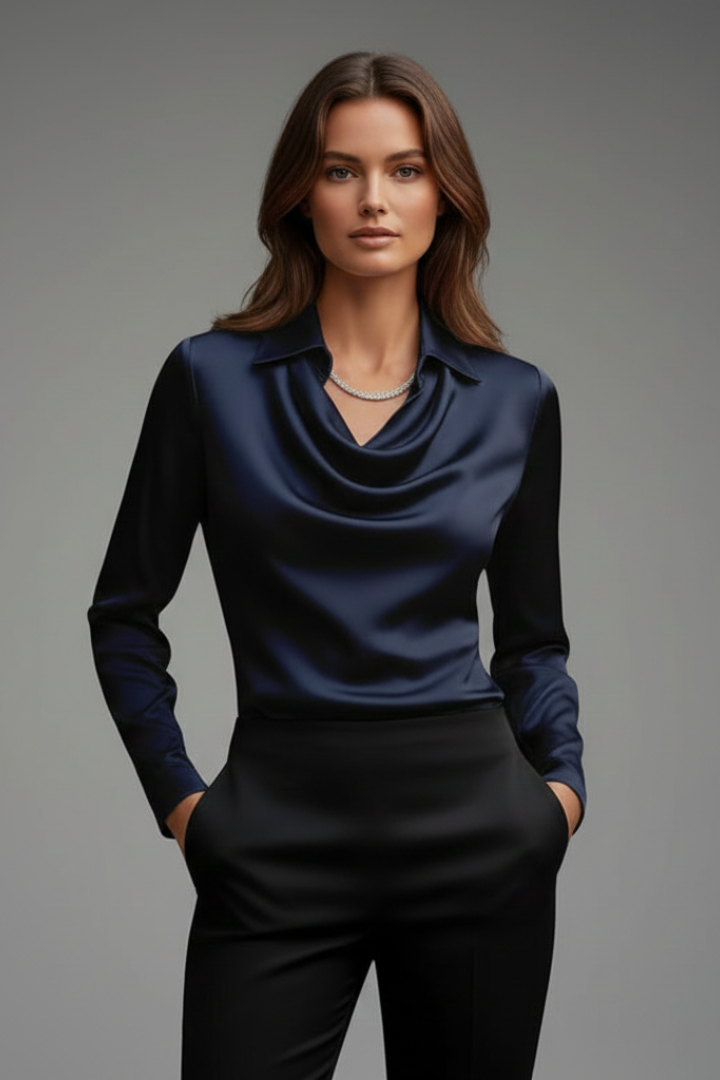 Satinbluse Damen mit Wasserfallausschnitt und Langarm | Elegante Bluse mit fließendem Fall und geradem Schnitt für das Layering