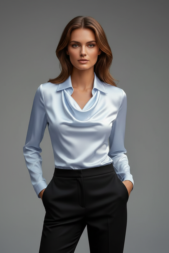 Satinbluse Damen mit Wasserfallausschnitt und Langarm | Elegante Bluse mit fließendem Fall und geradem Schnitt für das Layering