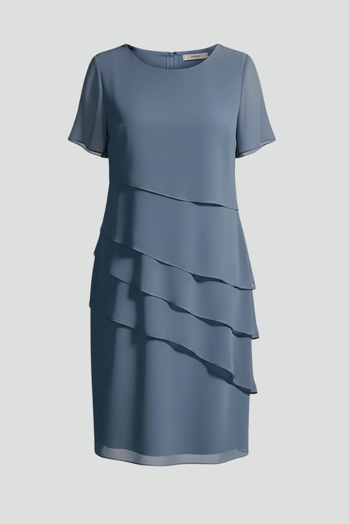 Women's Short-Sleeve Dress with Fashionable Layered Look | Knee-Length Dress with Round Neckline and Straight Fit for Everyday Wear
