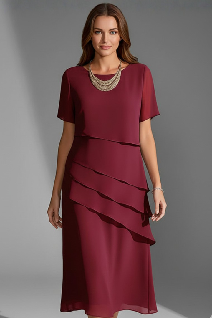 Women's Short-Sleeve Dress with Fashionable Layered Look | Knee-Length Dress with Round Neckline and Straight Fit for Everyday Wear