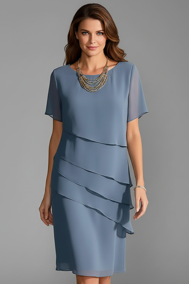 Women's Short-Sleeve Dress with Fashionable Layered Look | Knee-Length Dress with Round Neckline and Straight Fit for Everyday Wear