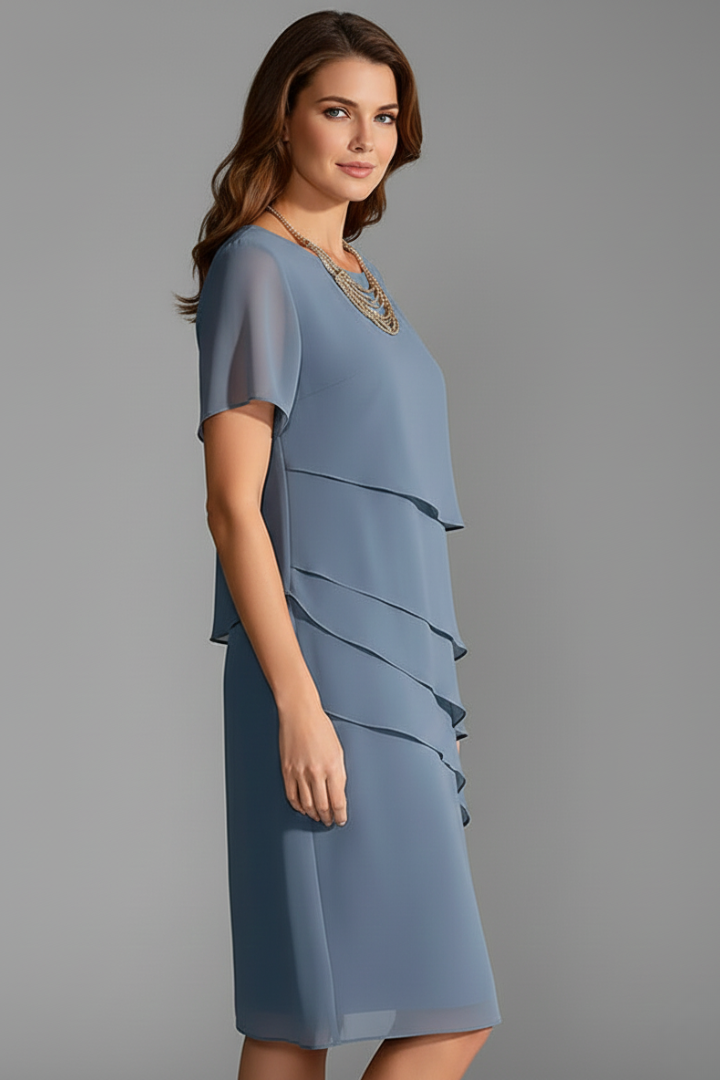 Women's Short-Sleeve Dress with Fashionable Layered Look | Knee-Length Dress with Round Neckline and Straight Fit for Everyday Wear
