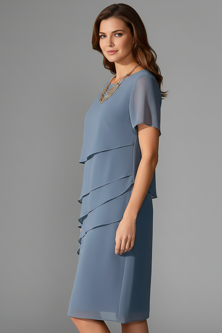 Women's Short-Sleeve Dress with Fashionable Layered Look | Knee-Length Dress with Round Neckline and Straight Fit for Everyday Wear