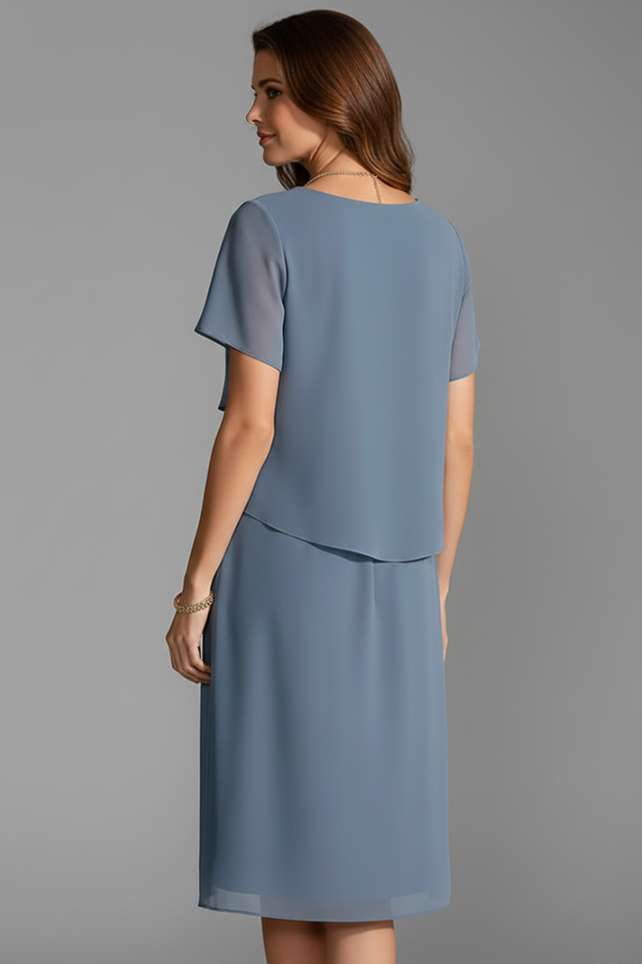 Women's Short-Sleeve Dress with Fashionable Layered Look | Knee-Length Dress with Round Neckline and Straight Fit for Everyday Wear