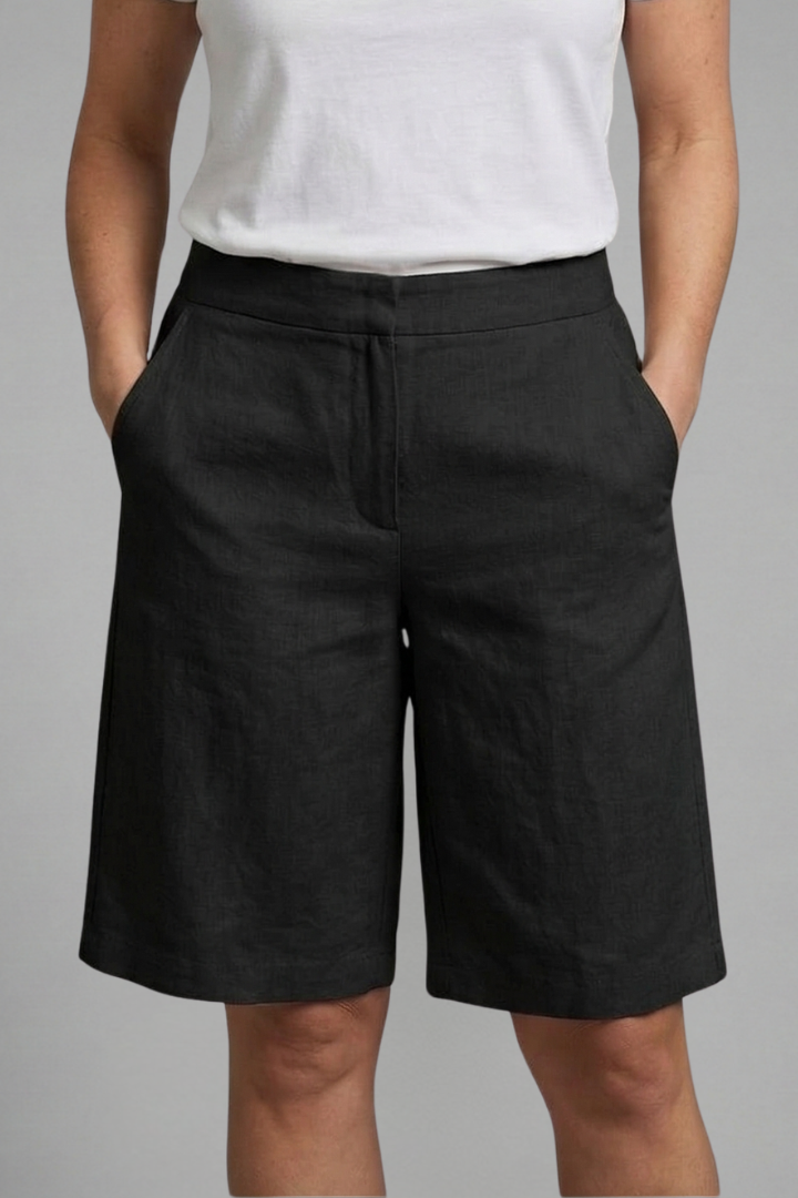 Damen Shorts mit Gummibund und Kordelzug | Knielange Bermuda Hose mit Seitentaschen | Strukturierter Webstoff & Gerader Schnitt