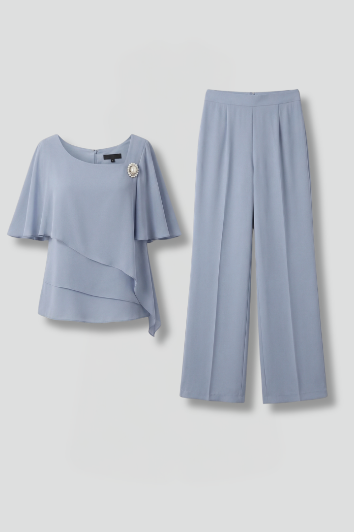 Damen Zweiteiler Set mit Lagenlook Oberteil und Hose mit geradem Bein | Modernes Set mit Rundhalsausschnitt und Schlupfhose