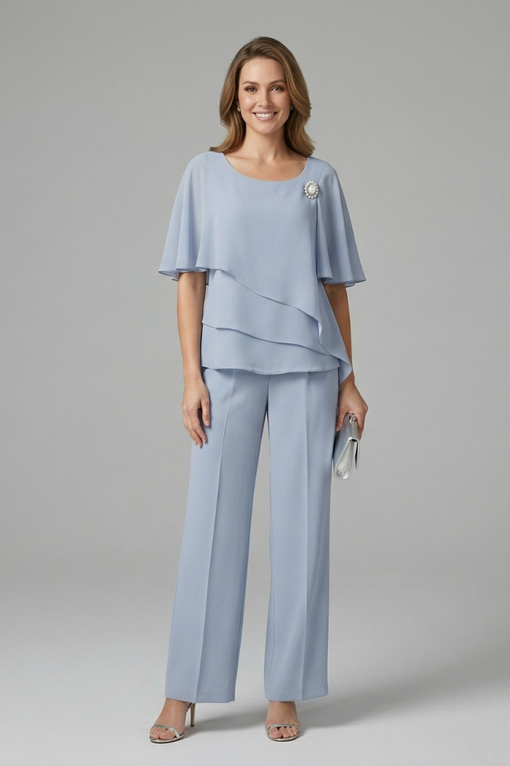 Damen Zweiteiler Set mit Lagenlook Oberteil und Hose mit geradem Bein | Modernes Set mit Rundhalsausschnitt und Schlupfhose